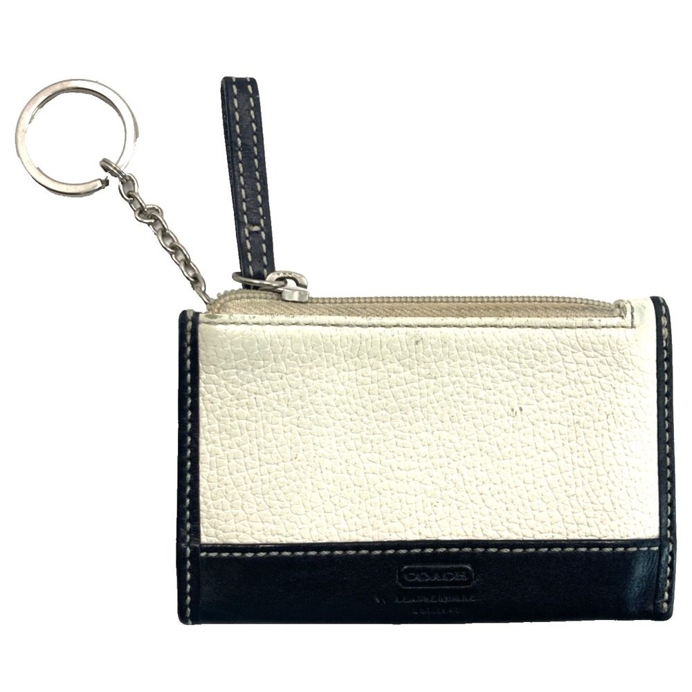 Coach Signature Leather Black‎ And White Skinny ID Case Coin Case Key Ring